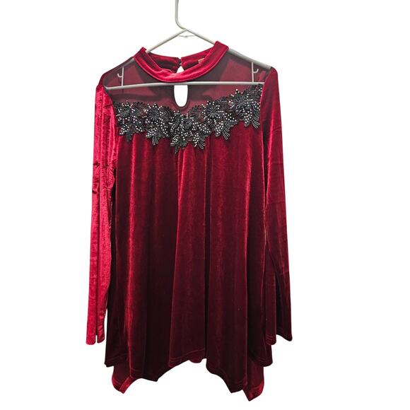 Red Velvet Holiday Tunic Sheer Rhinestone Lace Goth Romantic Size M - Picture 2 of 7
